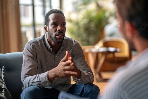 Male counselor demonstrating empathy during a breakthrough session with a client, highlighting the importance of mental health support and therapeutic, Generative AI photo