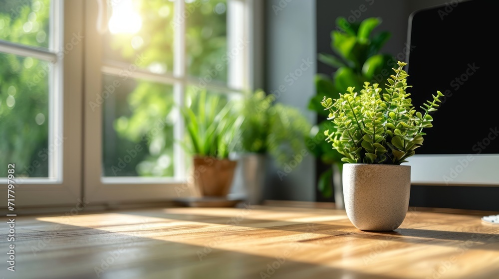 Close-up of empty wooden desk office near a window and blurred bokeh interior space background. Copy space. Close-up of empty wooden desk office near a window and blurred bokeh interior space background. Copy space.
