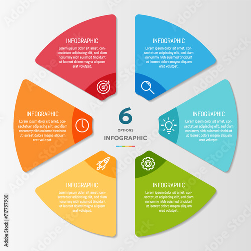 Circle shape infographic chart template with 6 options.	
