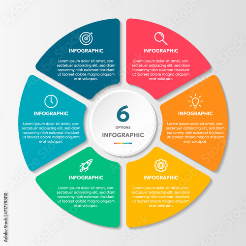 Circle shape infographic chart template with 6 options.	