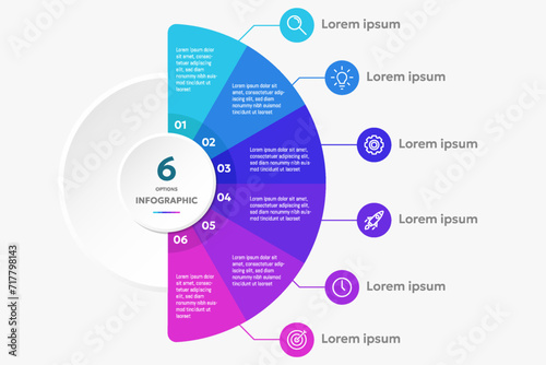Circle shape infographic chart template with 6 options.	
