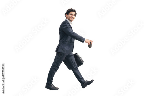 A man in a business suit walking to work. The background is transparent.