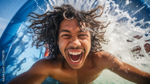 Close-up of a happy man riding a water slide in a water park. Summer, vacations, travel, recreation and entertainment, positive emotions and happiness concepts. © liliyabatyrova