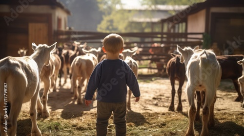 three-year-old child raises goats on a farm.