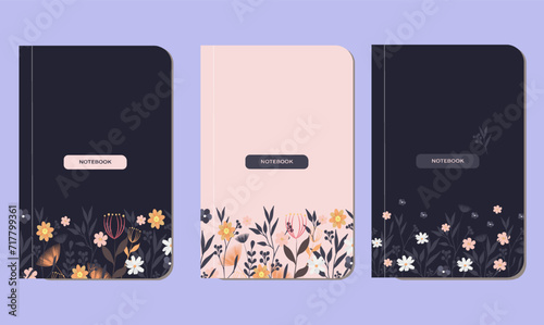 A set of trendy modern covers and title pages. Universal design for notepads, planners, planners and notepads. Vector illustration with wildflowers.