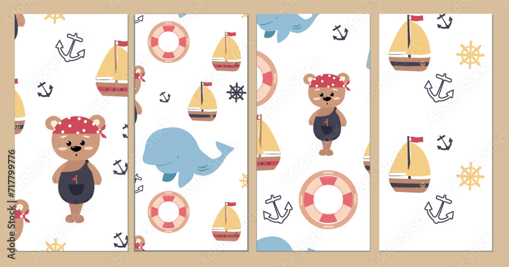 A set of children's patterns in a pirate style. Perfect for printing on fabric and paper. Children's textiles and vinyl wallpaper with a pirate bear, a boat, an anchor and a whale.