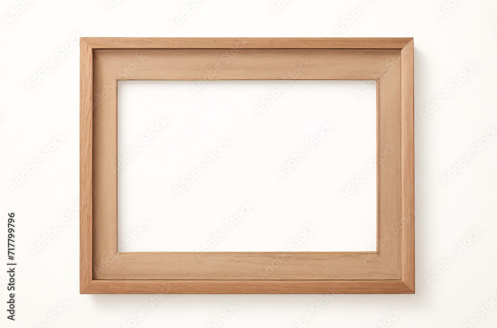 Marco vertical rectangular fino de madera clara colgado en una pared con textura blanca, plano, vista superior, ilustración 3D. Marco vertical rectangular fino de madera clara colgado en una pared con textura blanca, plano, vista superior, ilustración 3D.