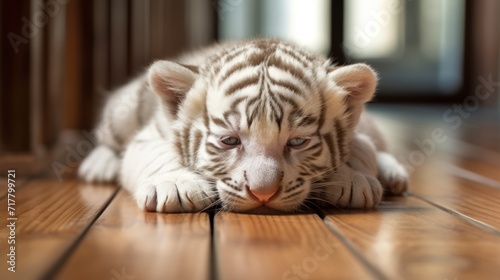 white tiger cub was sleeping peacefully on the wooden floor. photo