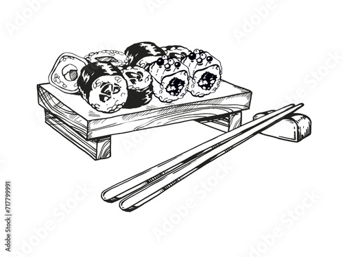 vector illustration of Japanese food theme with sushi, sashimi, wasabi on wooden board and chopsticks on a stand, hand drawn inked monochrome sketch of seafood isolated on white background