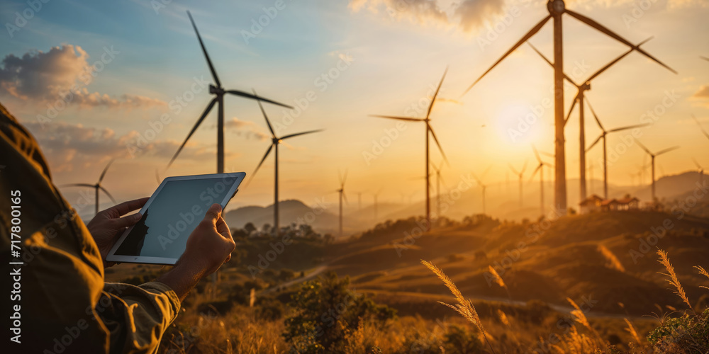 An engineer in a reflective vest and hardhat is inspecting a tablet with wind turbines in the background during sunset. - obrazy, fototapety, plakaty 
