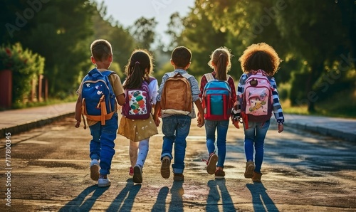 Group of young children walking together in friendship, embodying the back-to-school concept on their first day of school, Generative AI
