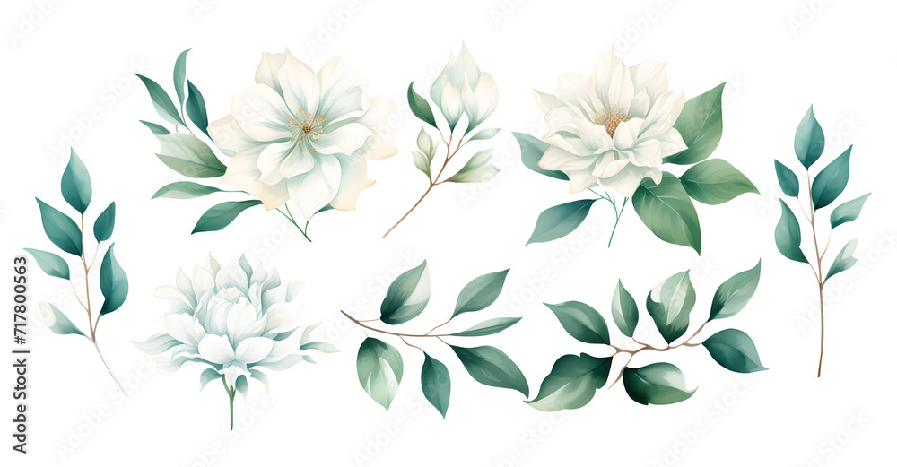 White flowers and green leaves watercolor collection isolated on white background