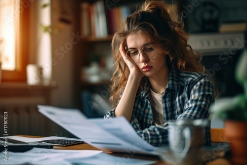 Stressed young woman reviewing her bills, reflecting financial strain during a recession. A poignant representation of personal debt and economic downturn, Generative AI