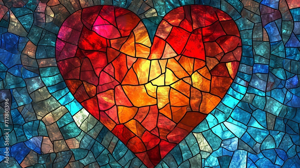 Stained glass window background with colorful Leaf and Heart abstract. Valentine day concept.	 - obrazy, fototapety, plakaty 