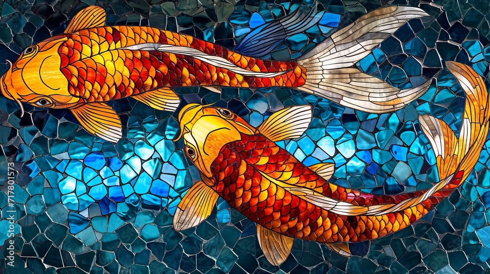 Stained glass window background with colorful Koi fish abstract.