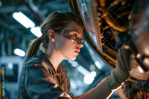 A proud and confident female aerospace engineer works on an aircraft, displaying expertise in technology and electronics. Image captures a candid moment in aviation industry, Generative AI photo