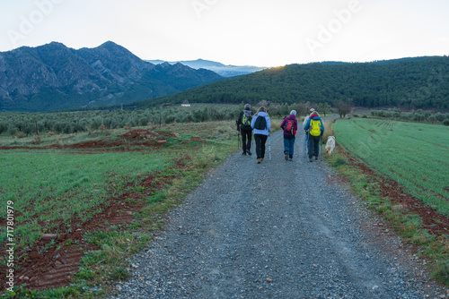 Group Trekking on Rural Path at Dusk