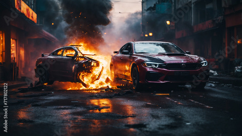 burning fire in the car, road, gaming background, high resolution image