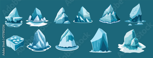iceberg collection cartoon style and ice floe set vector