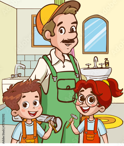 vector illustration of a construction worker with his children in uniform
