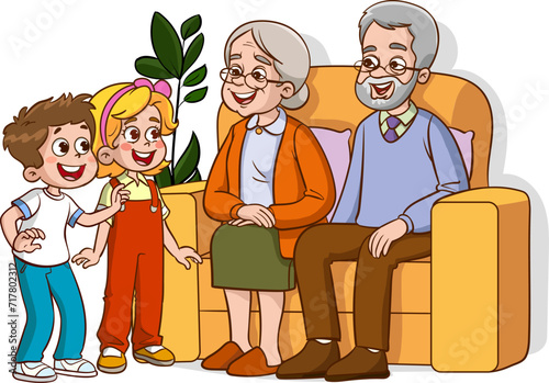 Grandparents with grandchildren. Vector illustration of a cartoon family sitting in a sofa.