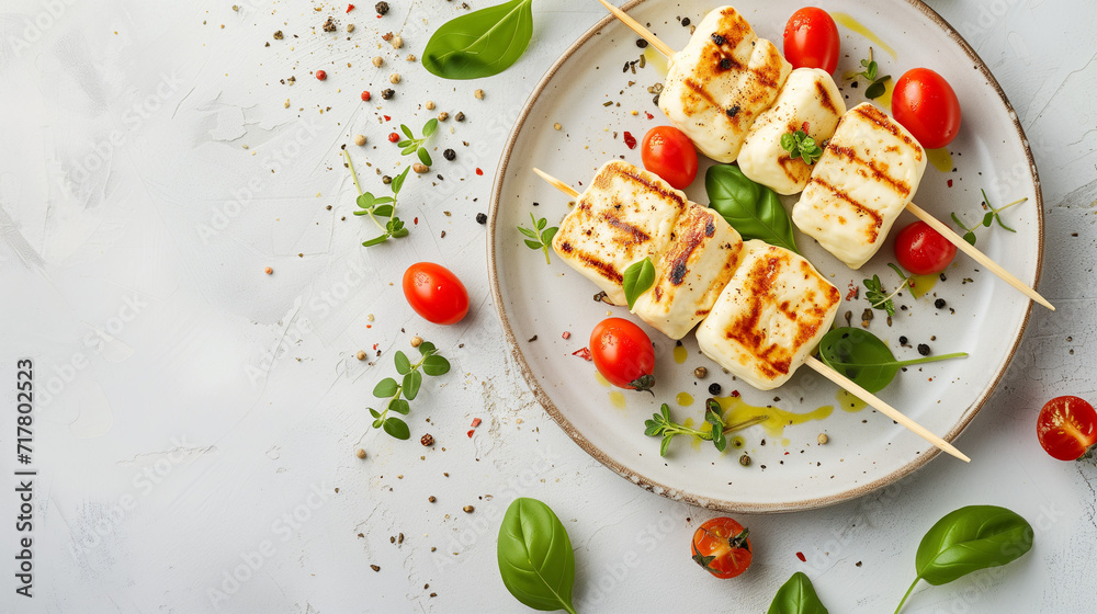 custom made wallpaper toronto digitalGrilled halloumi cheese with fresh salad, cherry tomatoes, and herbs. A tasty appetizer, salad, ketogenic, paleo lunch on a bright background. Banner with copy space for a delicious and healthy meal.