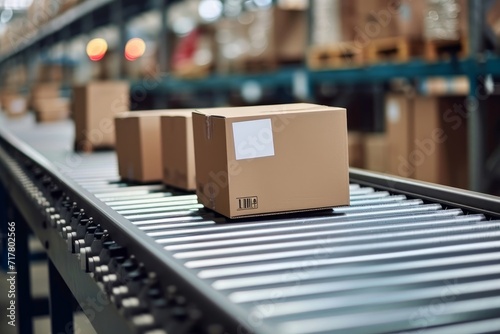 Closeup of multiple cardboard box packages seamlessly moving along a conveyor belt in a warehouse fulfillment center, a snapshot of e-commerce, delivery, automation and products, Generative AI © Imagery Innovators