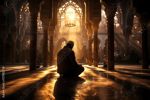 A solitary person is praying in a serene, ornately designed mosque with sunlight streaming through the windows.