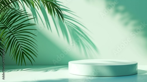 Abstract background for presenting cosmetic products. Premium podium with tropical palm leaf silhouettes on a pastel green wall.