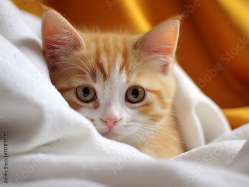 Red kitten lies in bed, cat Generative AI