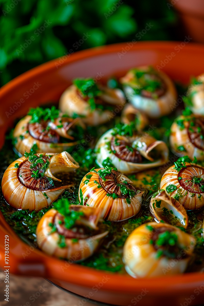 Escargots stuffed with butter and herbs. Selective focus.