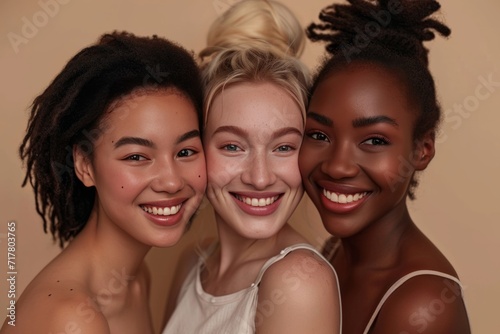 Three smiling diverse young women, multicultural ladies models faces bonding isolated on beige background