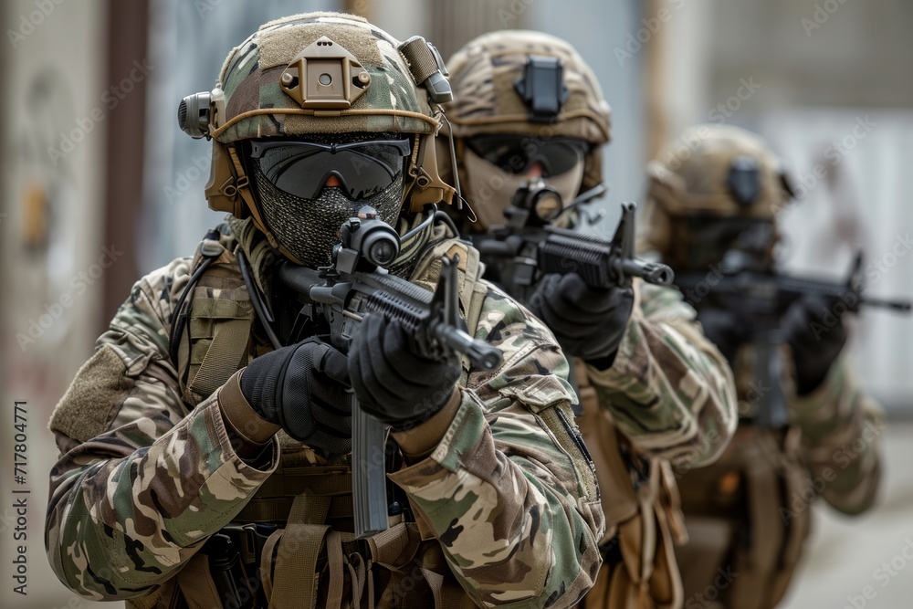Three soldiers in full combat gear, wearing masked faces and carrying guns Three soldiers in full combat gear, wearing masked faces and carrying guns