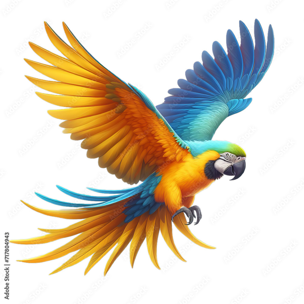 flying blue and yellow macaw isolated on transparent or white background, PNG