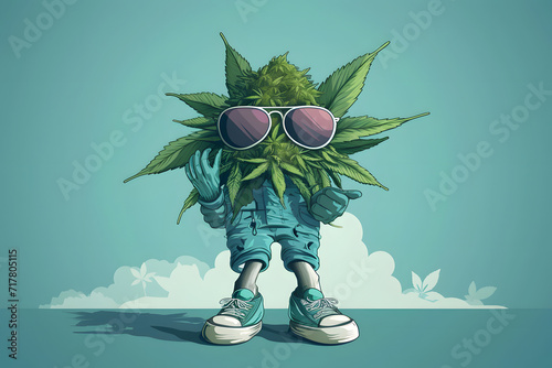 Grünes Vergnügen: Cartoon Cannabis Charakter verbreitet gute Laune und entspannte Vibes für kreative und humorvolle Gestaltung photo