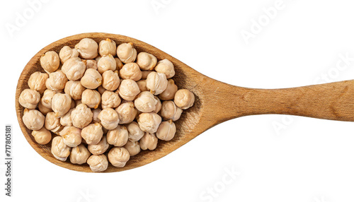 Chickpeas in wooden spoon isolated on transparent background. Top view.