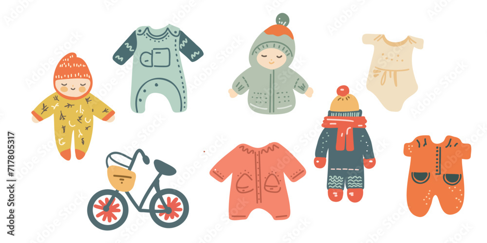 Set of children's element, baby, children's overalls and children's bicycle, vector illustration in cartoon style Set of children's element, baby, children's overalls and children's bicycle, vector illustration in cartoon style