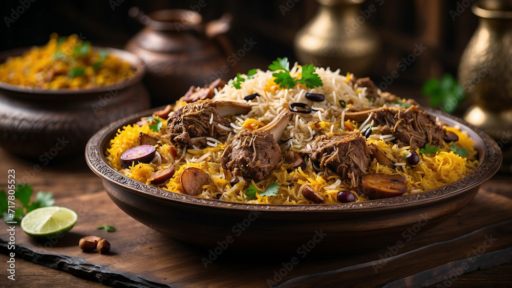 beauty of lamb biryani as it graces a traditional plate on a wooden table side view captures the intricate details of this culinary masterpiece
