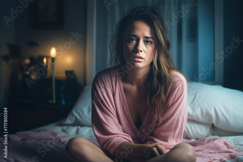 Exhausted mother sits on disheveled bed feeling very guilty about family problems. Woman struggles with depression and struggles to get out of bed photo