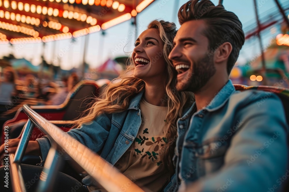 Excited couple enjoying a thrilling, high-speed ride at an amusement park, their laughter symbolizing the fun of a summer vacation, Generative AI