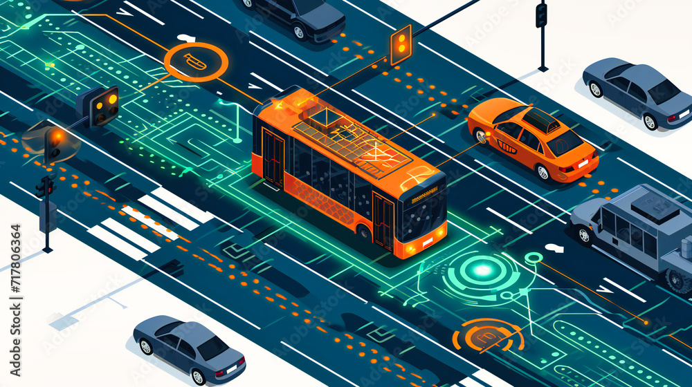 Autonomous Smart Cars on City Roads: Illustration of Future Transportation and Vehicle Safety Technology - obrazy, fototapety, plakaty 