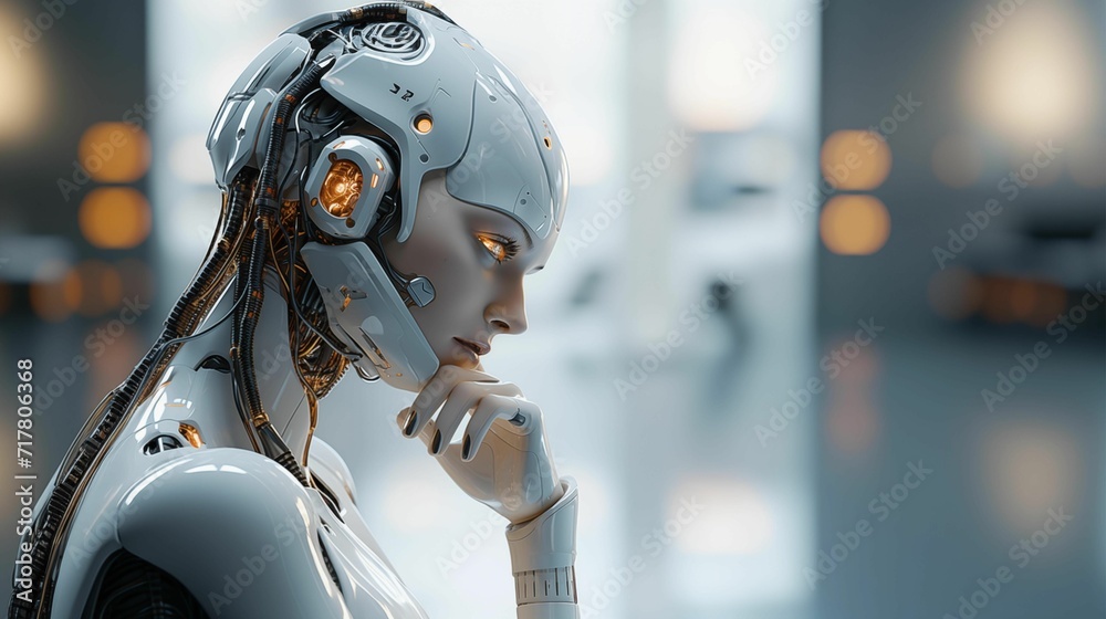 A white AI robot with a female face contemplating in a blurred background. Generative AI A white AI robot with a female face contemplating in a blurred background. Generative AI