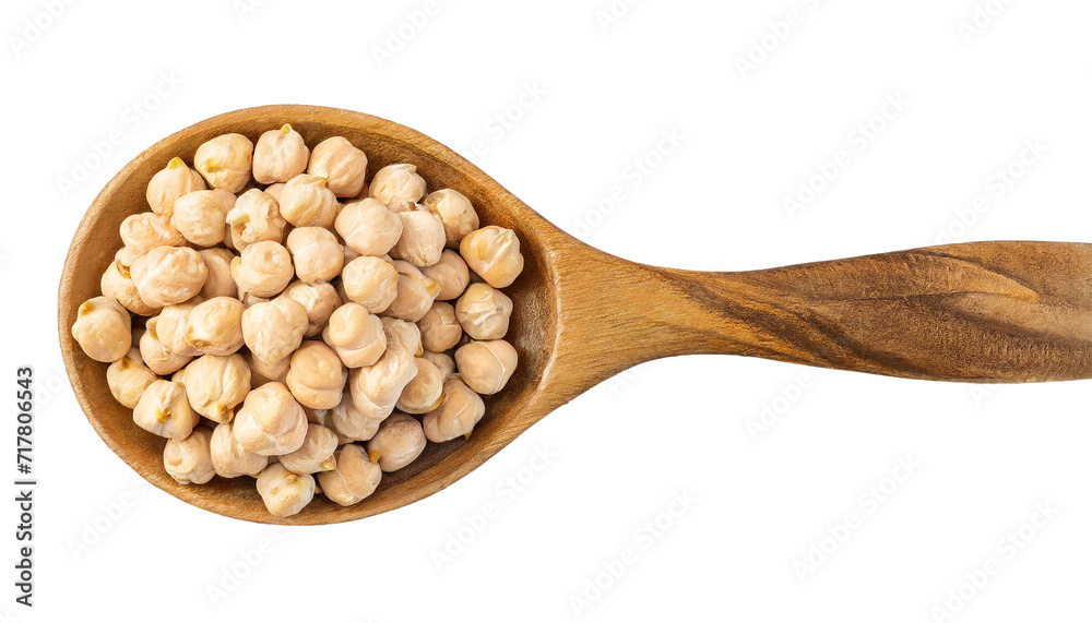 Chickpeas in wooden spoon isolated on transparent background. Top view. Chickpeas in wooden spoon isolated on transparent background. Top view.