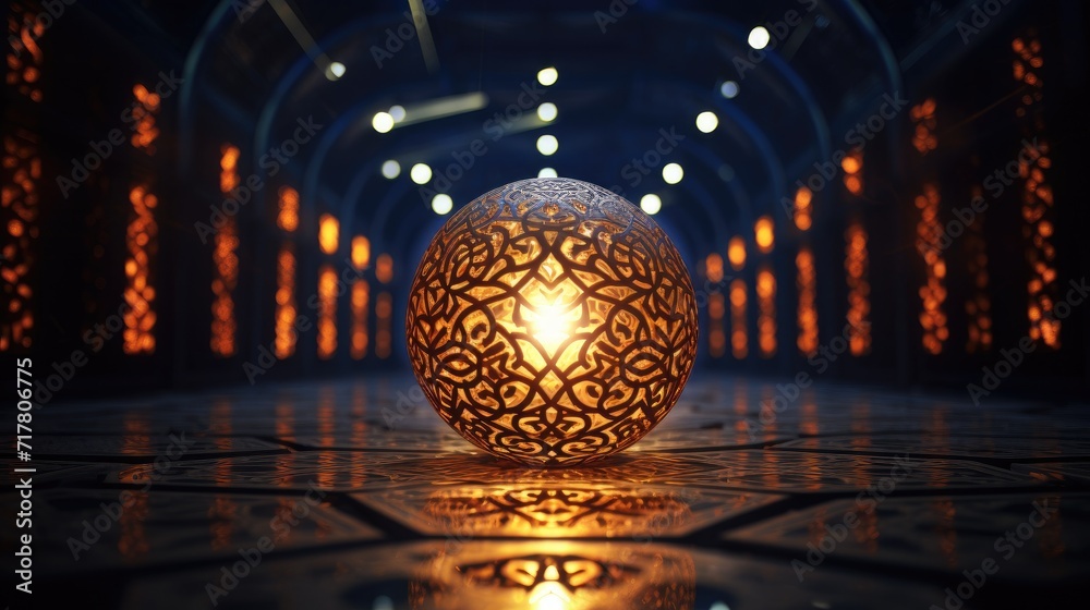 Islamic golden background arabic in the room, luminous luxury 3d orb, background for islamic event.