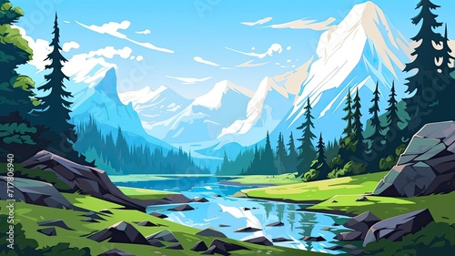 cartoon landscape mountains with snowy peaks, clear blue sky , fluffy white clouds, A lush green forest of pine trees surrounds a winding turquoise river.