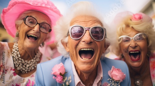 Group of happy seniors in colorful attire laughing joyously photo