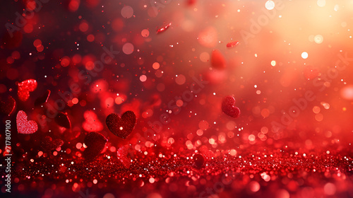 red valentines day heart particles and sprinkles confetti for a holiday celebration on 14th february 2024. shiny red lights. wallpaper background for ads or gifts wrap and web design, generative ai