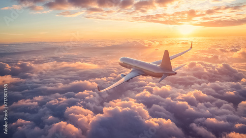 un avion de ligne vole au dessus des nuages au crépuscule photo