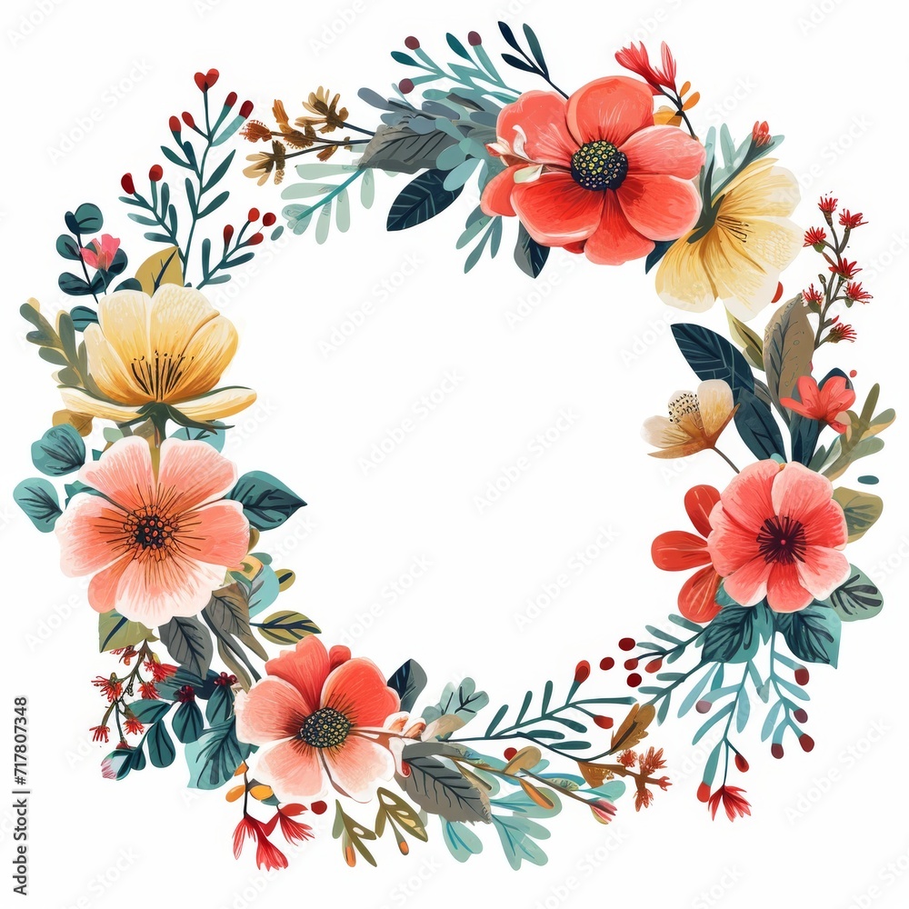 Floral wreath on white background, consisting of red roses, white lilies, blue irises, yellow chrysanthemums, orange gerberas, and purple violets