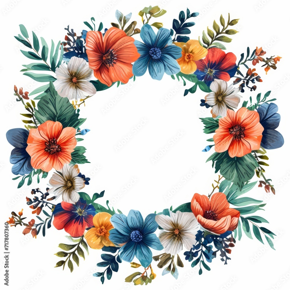 Wreath of flowers and leaves, located on white background